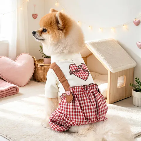 Pet Dog Cat Valentine Red White Plaid Outfit Cute Heart Embroidery D-Ring Puppy Dress Pants Apparel Pet Clothes