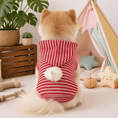 Pet Dog Hoodie Red White Striped Puppy Clothes Cute Pom-Pom Hooded Sweatshirt Small Dogs Apparel