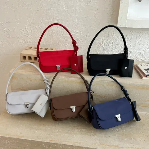 Women Fashion PU Leather Litchi Pattern Underarm Shoulder Bag Minimalist Square Baguette Bag With Detachable Mini Coin Purse Korean Style Daily Commute Handbag