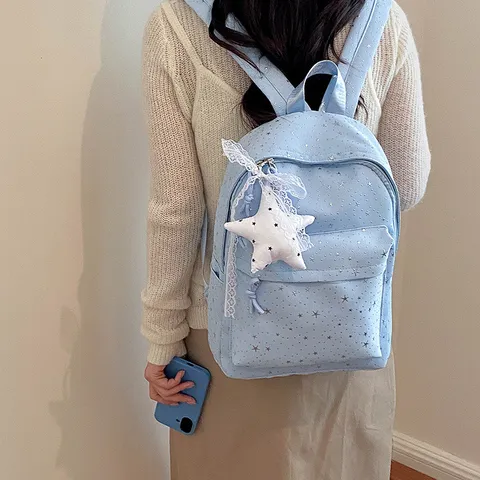 Sac à Dos en Tissu Style Coréen Ins Imprimé Étoiles pour Femmes Étudiantes Léger École Voyage Rose Blanc Noir Bleu