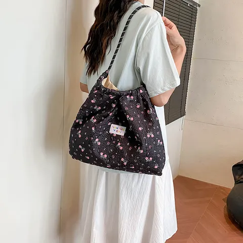 Korean Style Floral Seersucker Canvas Tote Bag For Women Large Capacity Shoulder Bag Daily Commuter Student Shopping Handbag