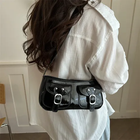 Vintage PU Leather Underarm Baguette Bag For Women Minimalist Moto Style Shoulder Bag With Front Pockets Metal Buckles Design