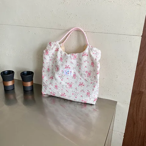 Floral Canvas Tote Bag Large Capacity Drawstring Shoulder Bag For Women Casual Foldable Ruched Bubble Fabric Shopping Handbag