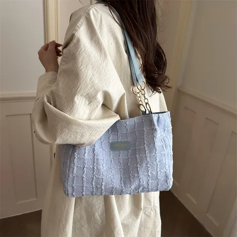 Mode Vrouwen Grote Capaciteit Tweed Tote Bag Met Metalen Ketting PU Lederen Band Casual Forenzen Schouder Oksel Tas