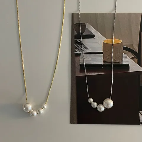 Collier de Perles en Argent Sterling S925 Français pour Femmes Chaîne de Clavicule Ajustable Minimaliste Bijoux en Perles Artificielles