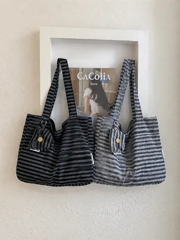 Vintage Striped Large Capacity Tote Bag For Women Canvas Shoulder Bag With Mini Pouch Pendant Casual Daily Commuter School Bag