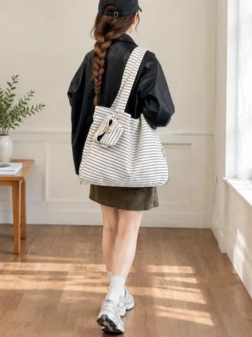 Vintage Striped Large Capacity Tote Bag For Women Canvas Shoulder Bag With Mini Pouch Pendant Casual Daily Commuter School Bag