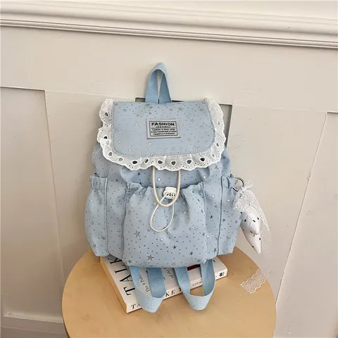 Sac à Dos de Style Japonais Imprimé Étoiles pour Filles Bordure en Dentelle Rabat à Cordon Sac d'École Doux Sac à Dos en Tissu Avec Pendentif Rose Bleu Noir Blanc