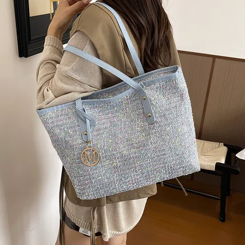 Grote Capaciteit Tweed Tote Bag voor Dames Geruite Schoudertas Pendelen Stedelijk Minimalistische Handtas Met Metalen M Hanger PU Leer Gesplitste Tas