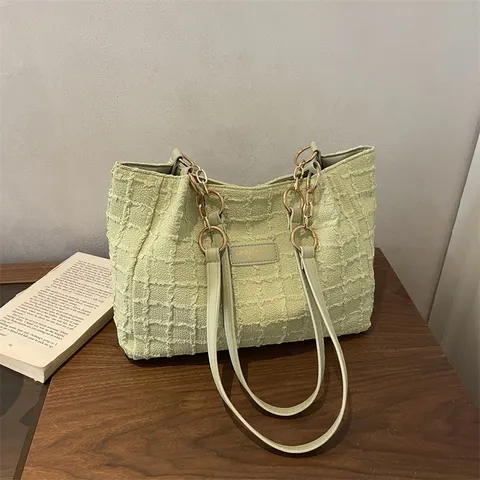 Mode Vrouwen Grote Capaciteit Tweed Tote Bag Met Metalen Ketting PU Lederen Band Casual Forenzen Schouder Oksel Tas