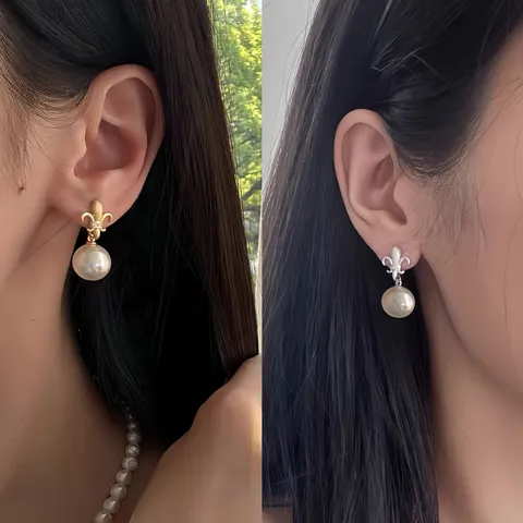 Boucles d'Oreilles Clous en Argent Sterling 925 Fleur-De-Lis Perle Artificielle pour Femme Vintage Mat Strass Incrusté Bijoux Élégant
