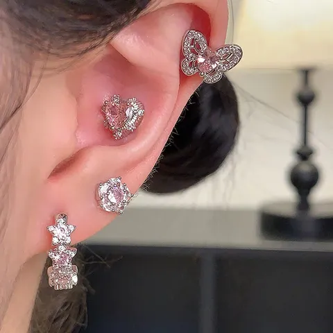 Boucles d'Oreilles Clous Papillon de Rêve en Argent Sterling S925 Cœur Rose Blanc Zirconia Boucles d'Oreilles Douces et Fraîches pour Femmes Cadeau Bijoux