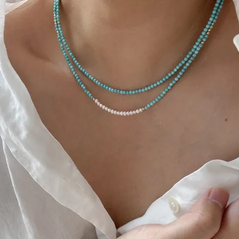 925 Sterlingsilber Blauer Türkis Perlen Halskette Für Damen Elegant Minzgrün Schlüsselbeinkette Mode Einfacher Stapelbarer Schmuck