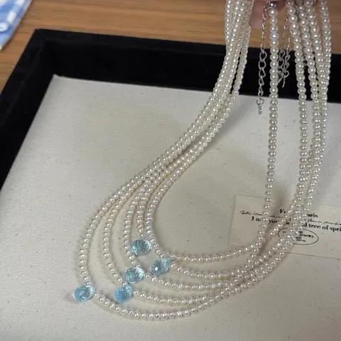 Élégant Collier en Argent Sterling 925 Perles Artificielles Topaze Bleue pour Femmes Bijoux de Luxe Légers Pendentif Goutte d'Eau Bracelet Accessoire