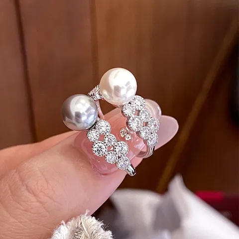 Bague Ouverte en Argent Sterling 925 avec Perle Artificielle pour Femme Élégante Bague Géométrique Ajustable avec Strass Bijoux