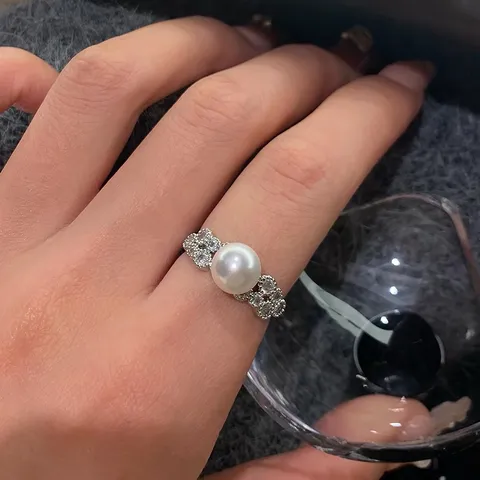 Bague Ouverte en Argent Sterling 925 avec Perle Artificielle pour Femme Élégante Bague Géométrique Ajustable avec Strass Bijoux
