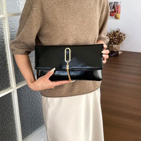 Large Capacity Fashion Folding Envelope Clutch Bag Women PU Leather Solid Color Handbag With Tassel Metal Buckle Stylish Commuter Party Purse
