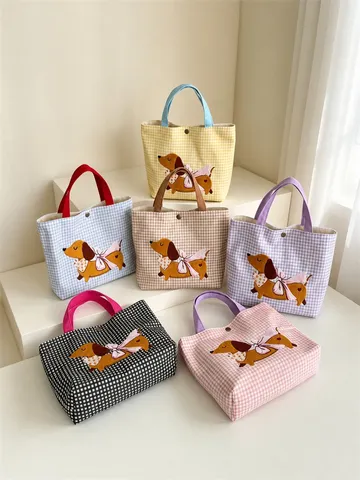 Damen Bestickt Welpe Segeltuch Gingham Tragetasche Große Kapazität Tragbare Lunch Handtasche Für Büro Pendeln Einkaufen Handtasche