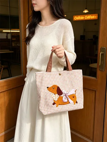 Damen Bestickt Welpe Segeltuch Gingham Tragetasche Große Kapazität Tragbare Lunch Handtasche Für Büro Pendeln Einkaufen Handtasche