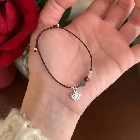 Bracelet Mouton en Argent Sterling S925 Pour Femme Avec Jade de Hetian Cinabre Corde Rouge Réglable Tissé