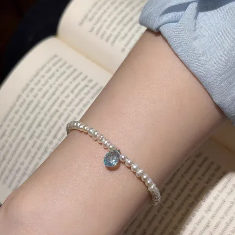 Bracelet en Argent Sterling 925 Avec Pendentif Goutte d'Eau en Topaze Bleue Naturelle et Perle Artificielle Bijoux Frais pour Femmes
