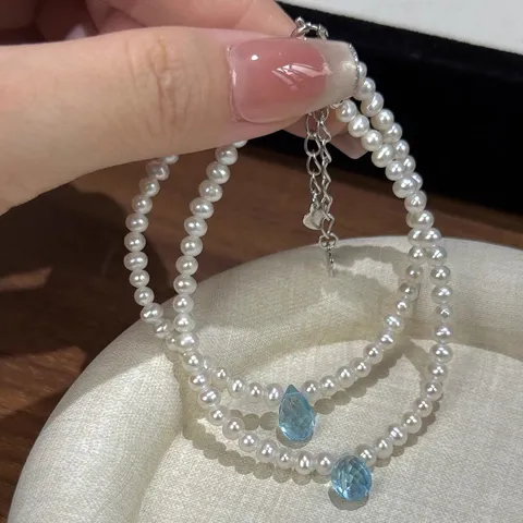 Bracelet en Argent Sterling 925 Avec Pendentif Goutte d'Eau en Topaze Bleue Naturelle et Perle Artificielle Bijoux Frais pour Femmes