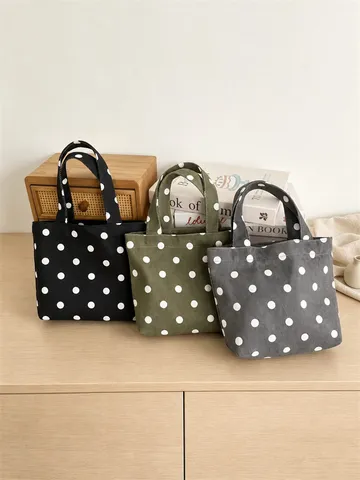 Women Polka Dot Mini Canvas Tote Bag Portable Lunch Bag Large Capacity Handbag Minimalist Casual Commuting Hand Carry Bag