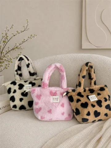 Borsa a Mano in Peluche Autunno Inverno da Donna Moda Stampa a Cuore Grande Capacità Borsa Tote Lunch Morbida Pelliccia