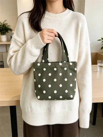 Women Polka Dot Mini Canvas Tote Bag Portable Lunch Bag Large Capacity Handbag Minimalist Casual Commuting Hand Carry Bag