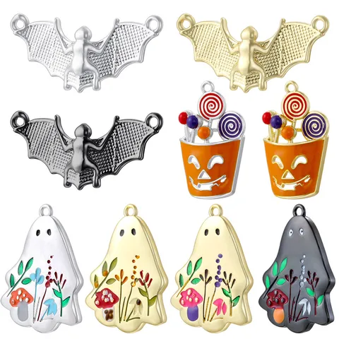 Pendentifs Créatifs de Bonbons de Citrouille de Fantôme de Chauve-Souris d'Halloween en Cuivre Émail Huile Goutte pour la Fabrication de Bijoux DIY