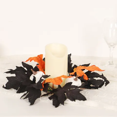 Halloween Party Decoration Candlestick Black Maple Leaf Pumpkin Thanksgiving Artificial Flower Candle Ring Decor