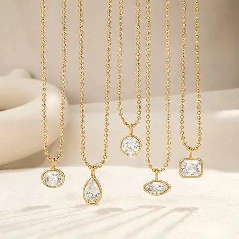 Copper Zirconia Pendant Necklace Women Minimalist Geometric Water Drop Oval Round Square Gold Plated Jewelry Clavicle Chain