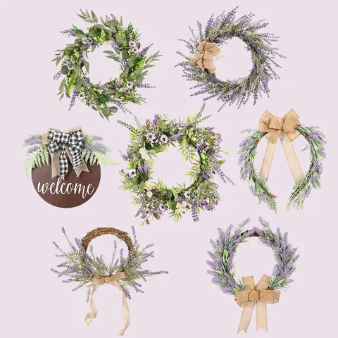 Artificial Lavender Wreath Spring Summer Floral Door Hanging Wall Decor With Burlap Bow For Home Farmhouse Indoor Outdoor