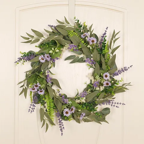 Artificial Lavender Wreath Spring Summer Floral Door Hanging Wall Decor With Burlap Bow For Home Farmhouse Indoor Outdoor