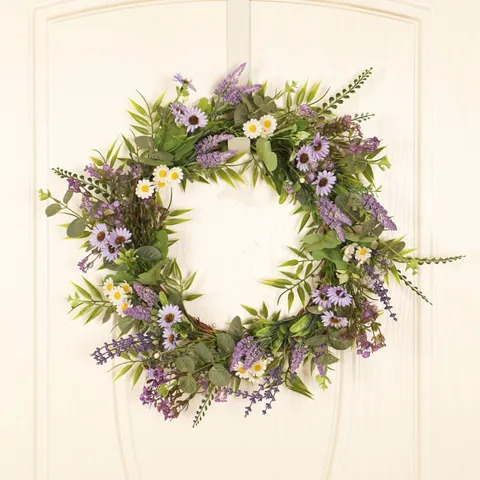 Artificial Lavender And Wild Chrysanthemum Wreath Front Door Hanging Silk Flower Garland Rustic Home Decor For Wall