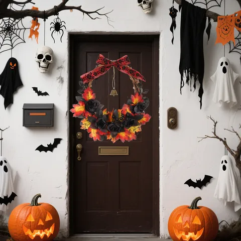 Halloween Kranz Haustür Dekoration Schwarze Rose Ahornblatt Beere Künstliche Hängende Girlande Für Party Heim Dekor