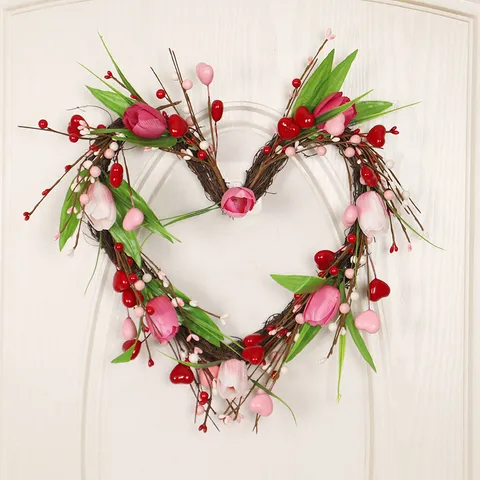 Valentine Day Heart Shaped Artificial Tulip Wreath Silk Flower Wall Hanging Spring Festival Home Decor