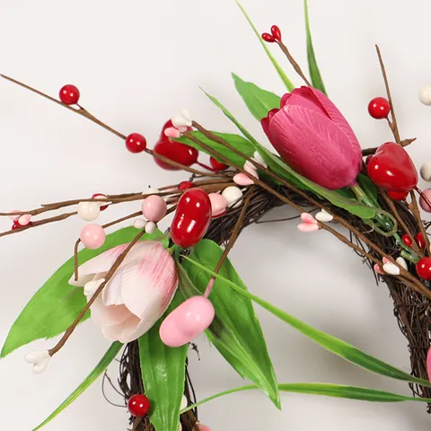 Valentine Day Heart Shaped Artificial Tulip Wreath Silk Flower Wall Hanging Spring Festival Home Decor