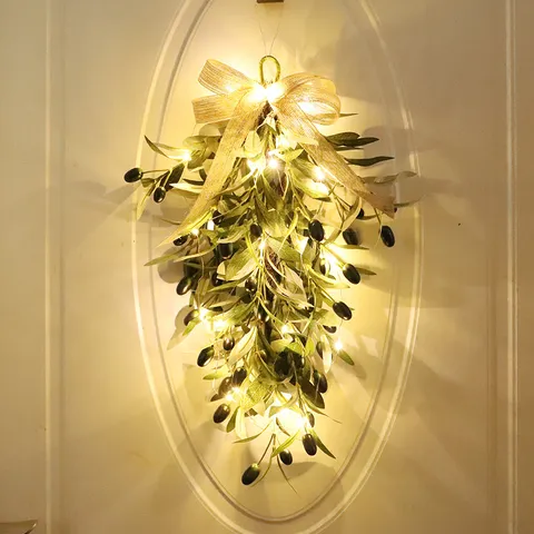 Artificial Olive Branch Teardrop Wreath Fake Greenery Hanging Garland With Linen Bow For Front Door Home Festival Decor