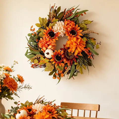 Couronne de Tournesol de Récolte d'Automne Avec Citrouilles Baies Guirlande Florale Artificielle d'Automne Pour Décoration Intérieure et Extérieure