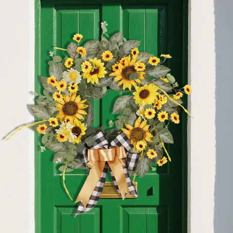 Guirlande Artificielle de Tournesol Couronne de Porte Fleur en Soie Feuilles d'Eucalyptus Avec Nœud Pour Décoration Murale Maison