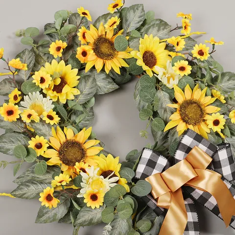 Guirlande Artificielle de Tournesol Couronne de Porte Fleur en Soie Feuilles d'Eucalyptus Avec Nœud Pour Décoration Murale Maison