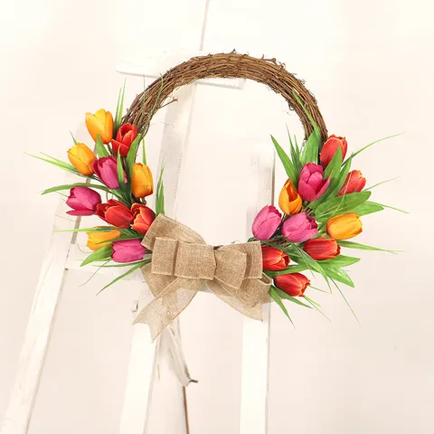 Künstlicher Tulpenkranz Oster Frühling Tür Hängen Blumenkranz Mit Jutes Schleife Heim Wand Feiertag Party Dekoration