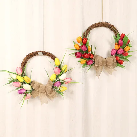 Künstlicher Tulpenkranz Oster Frühling Tür Hängen Blumenkranz Mit Jutes Schleife Heim Wand Feiertag Party Dekoration
