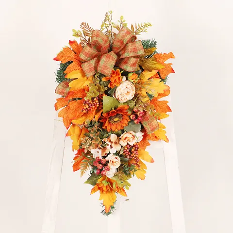 Autumn Thanksgiving Artificial Flower Hanging Teardrop Maple Sunflower Peony Wreath Home Door Decor