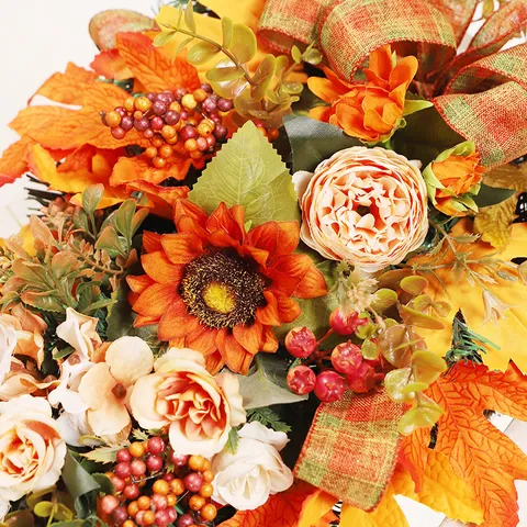 Autumn Thanksgiving Artificial Flower Hanging Teardrop Maple Sunflower Peony Wreath Home Door Decor