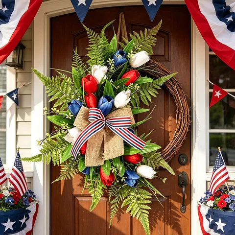American Independence Day Tulip Wreath Artificial Silk Flower Door Hanging Garland Home Living Room Seasonal Decor