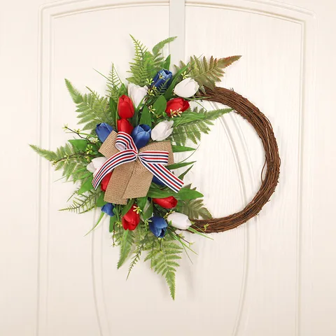 American Independence Day Tulip Wreath Artificial Silk Flower Door Hanging Garland Home Living Room Seasonal Decor