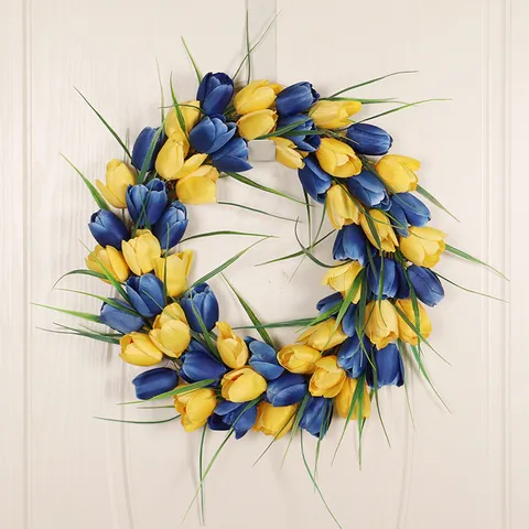 Artificial Tulip Flower Wreath Silk Spring Summer Floral Wreath For Front Door Home Indoor Outdoor Wall Decor