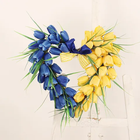 Artificial Tulip Wreath Heart Shaped Spring Summer Floral Door Hanging Home Decor Festival Party Wall Decoration